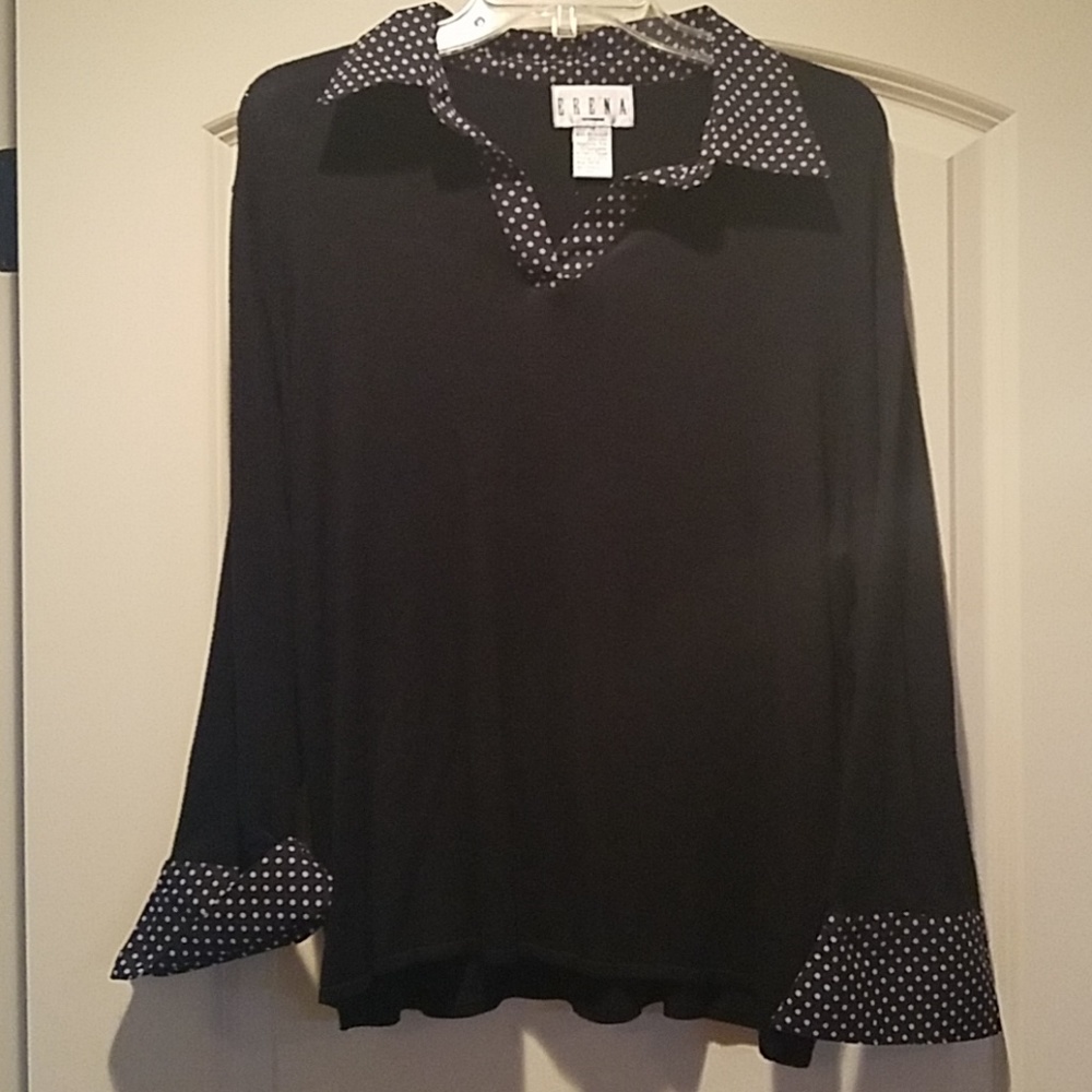 Ladies black sweater with pink polka dot accents